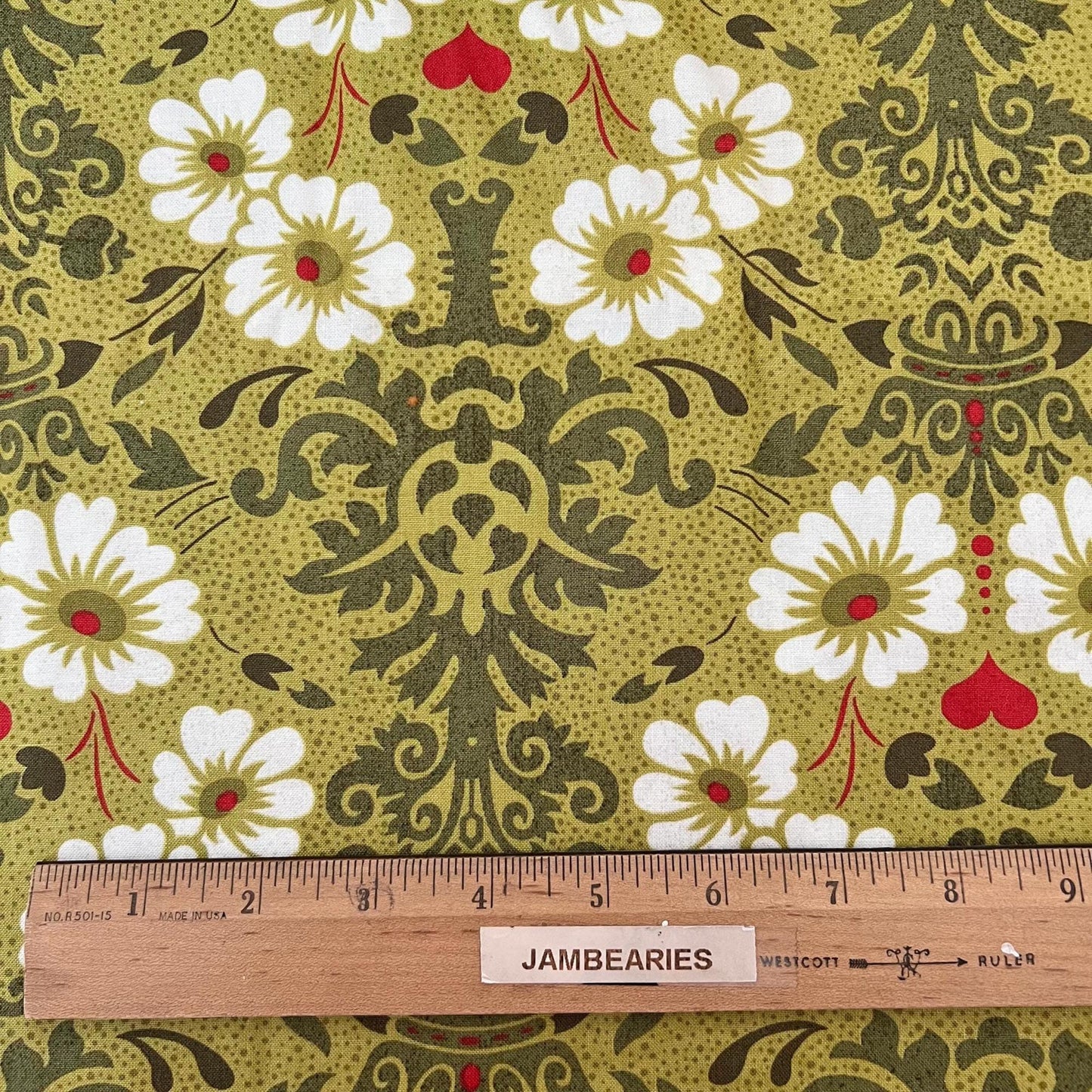 DESTASH Hello Luscious - White Flowers on Green Damask Fabric, Moda 30281-17, BasicGrey Retired Quilt Fabric, By the Yard