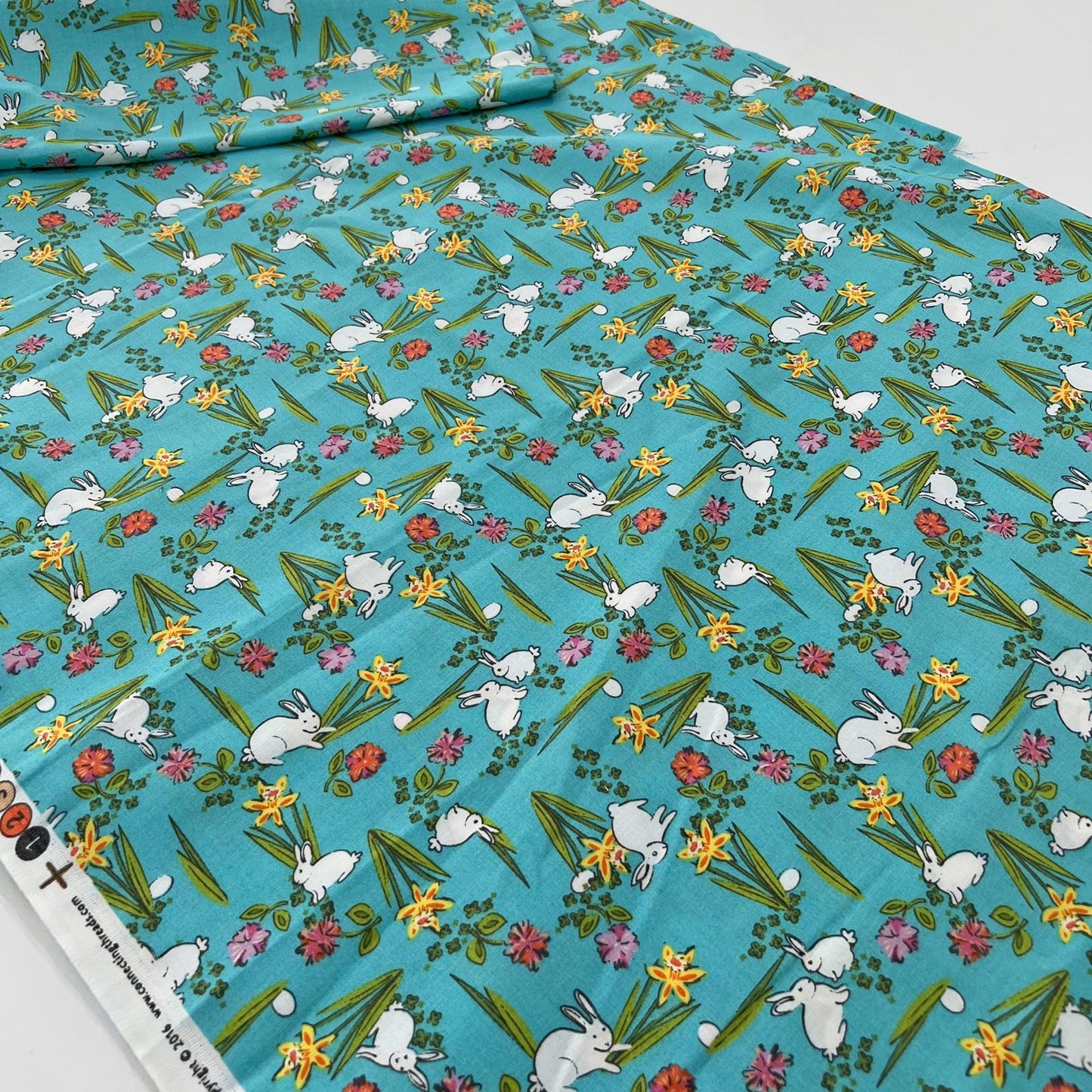 REMNANT 1 Yard 34" of Easter Bunnies on Blue Floral Fabric, Connecting Threads, Turquoise Floral Bunny Fabric