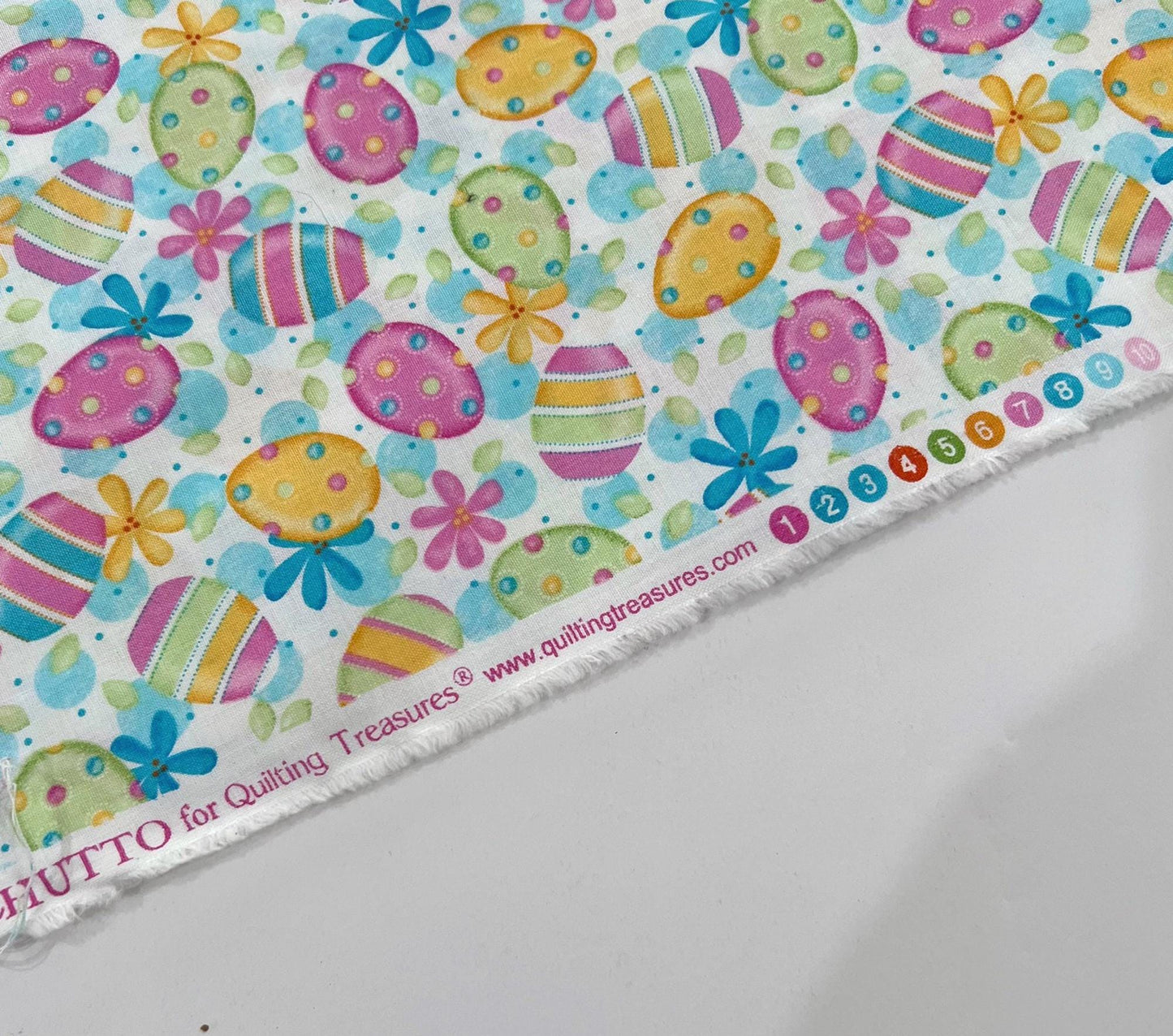 REMNANT 15" of Pastel Easter Eggs on White Fabric, Quilting Treasures, Pink Yellow Green Blue Easter Egg Cotton Fabric