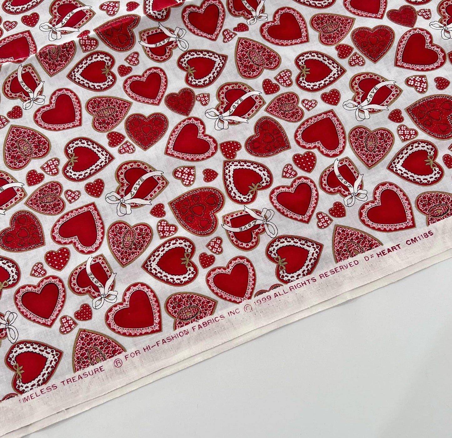 DESTASH 1 Yard Cut of Red Gold Metallic Hearts on White Fabric, Timeless Treasures HEART-CM1185, Valentine's Day Cotton Quilt Fabric