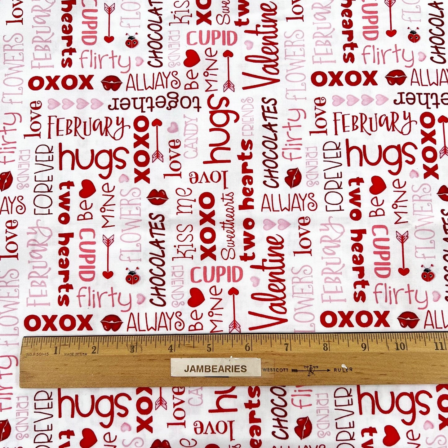DESTASH 1 Yard Cut of Love Struck - Valentine's Day Words on White Fabric, Henry Glass, Valentine Cotton Fabric