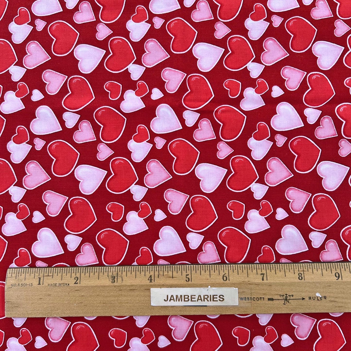 REMNANT 18" of Love Struck - Valentine's Day Pink Red Hearts on Red Fabric, Henry Glass, Valentine Cotton Fabric