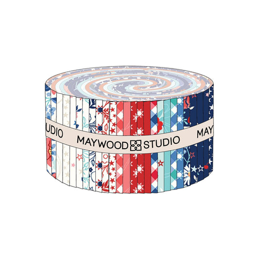 Star Spangled Beauty 2.5" Strips, Maywood Studio ST-MASSTAR, 2.5" Precut Patriotic Floral Fabric Strips, Red White Blue Fabric Strip Roll