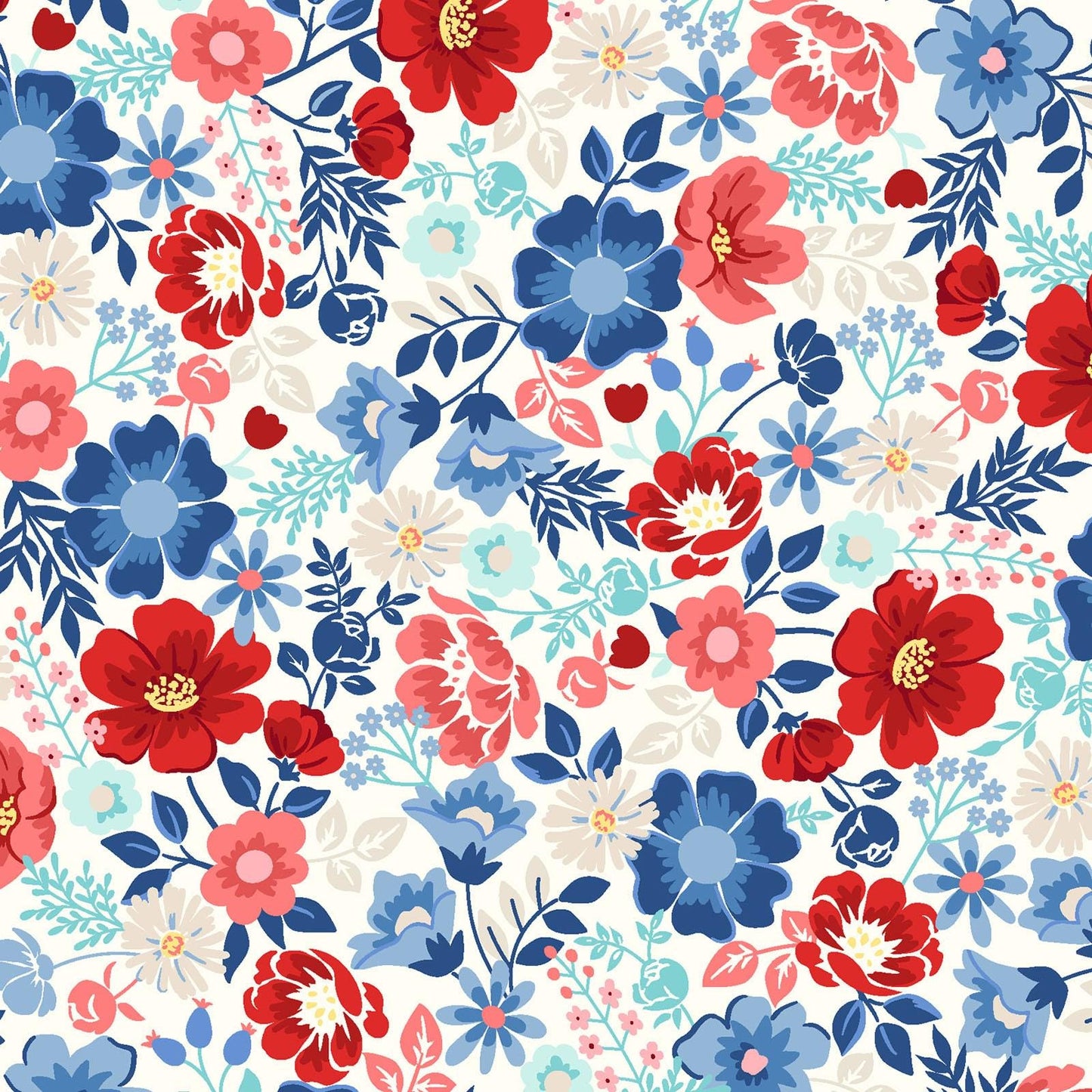 Star Spangled Beauty 5" Charm Squares, Maywood Studio CP-MASSTAR, 5" Precut Patriotic Floral Fabric, Red White Blue Fabric Squares