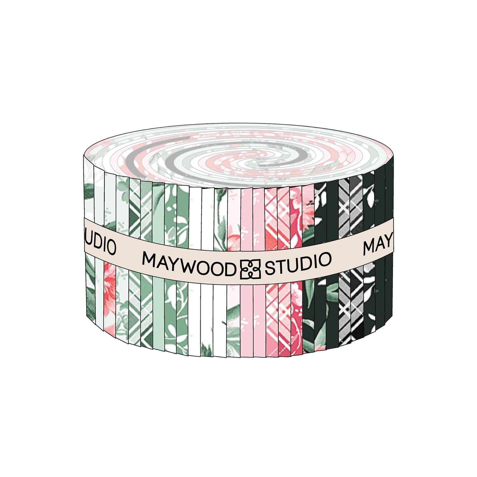 Garden Picnic 2.5" Strips, Maywood Studio ST-MASGAPI, 2.5" Precut Pink Green Black Floral Fabric Strips, Floral Fabric Strip Roll