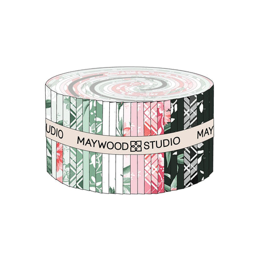 Garden Picnic 2.5" Strips, Maywood Studio ST-MASGAPI, 2.5" Precut Pink Green Black Floral Fabric Strips, Floral Fabric Strip Roll