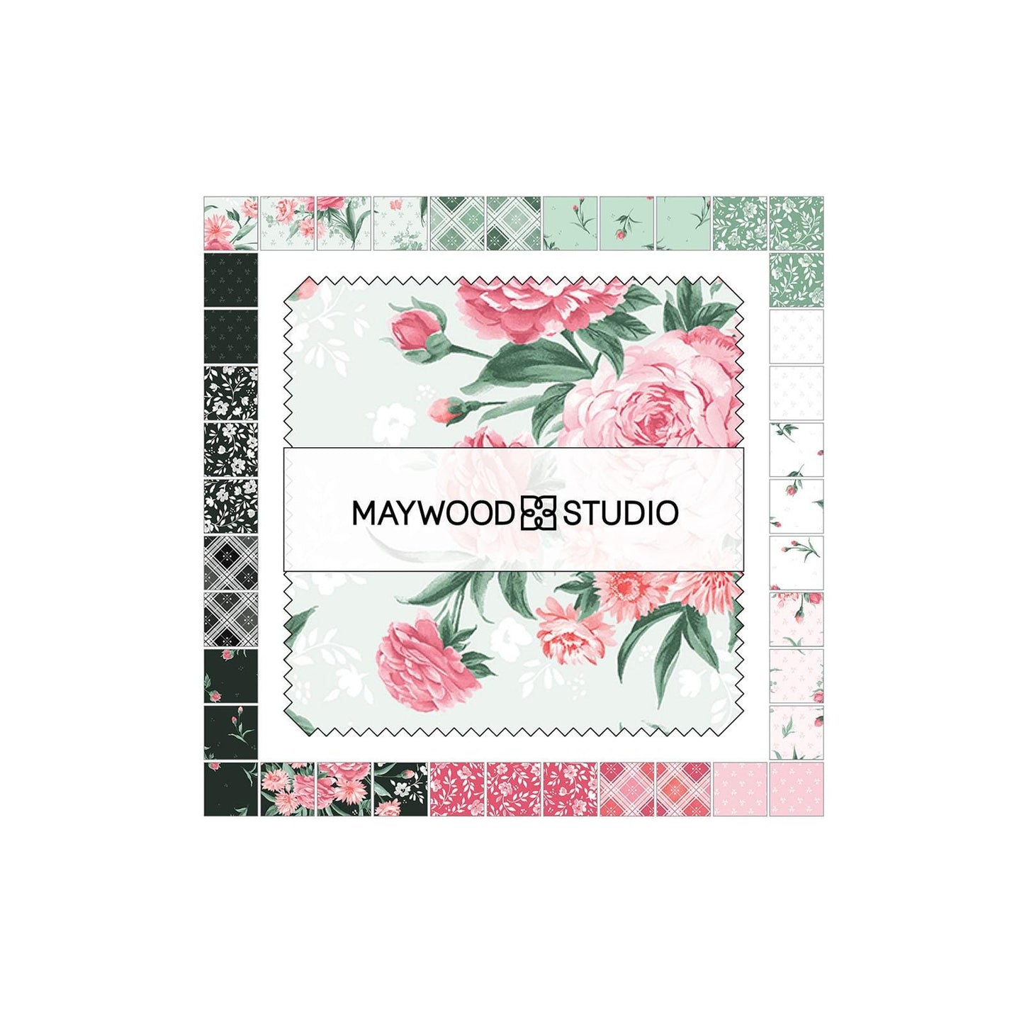 Garden Picnic 5" Charm Pack, Maywood Studio CP-MASGAPI, 5" Precut Pink Green Black Floral Charm Pack Fabric Squares