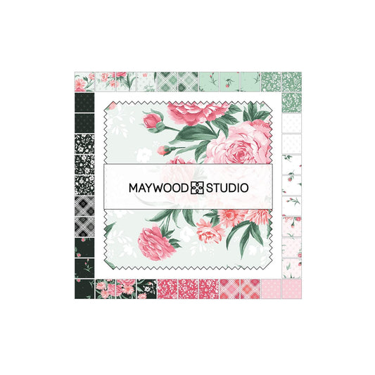 Garden Picnic 5" Charm Pack, Maywood Studio CP-MASGAPI, 5" Precut Pink Green Black Floral Charm Pack Fabric Squares