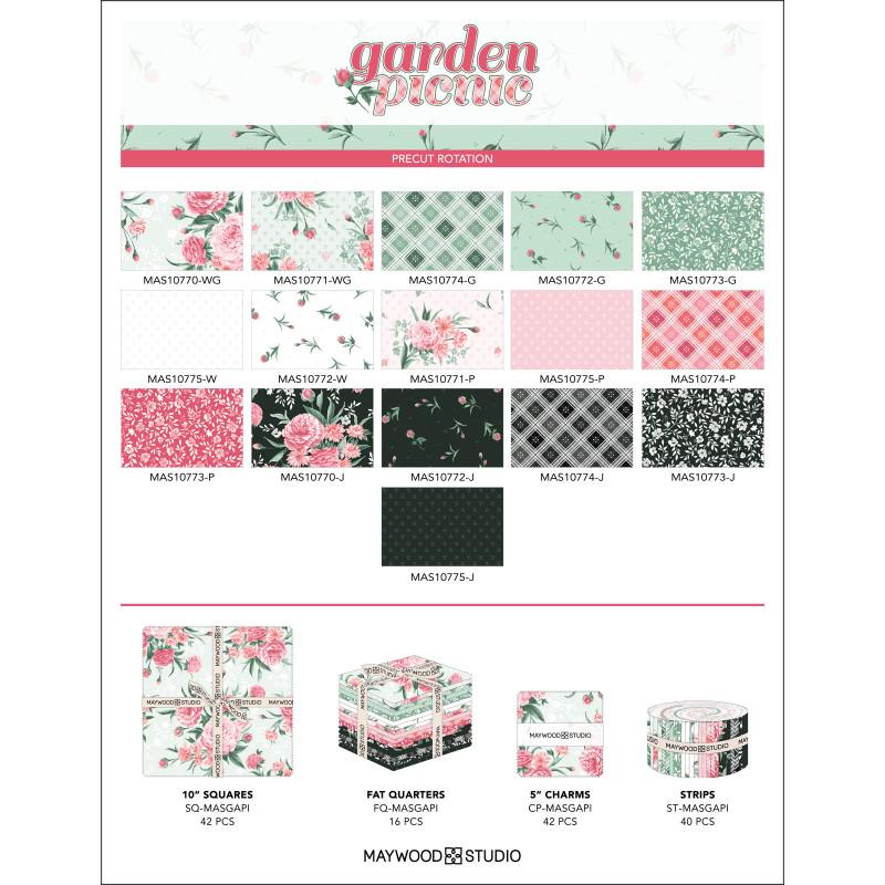 Garden Picnic 5" Charm Pack, Maywood Studio CP-MASGAPI, 5" Precut Pink Green Black Floral Charm Pack Fabric Squares
