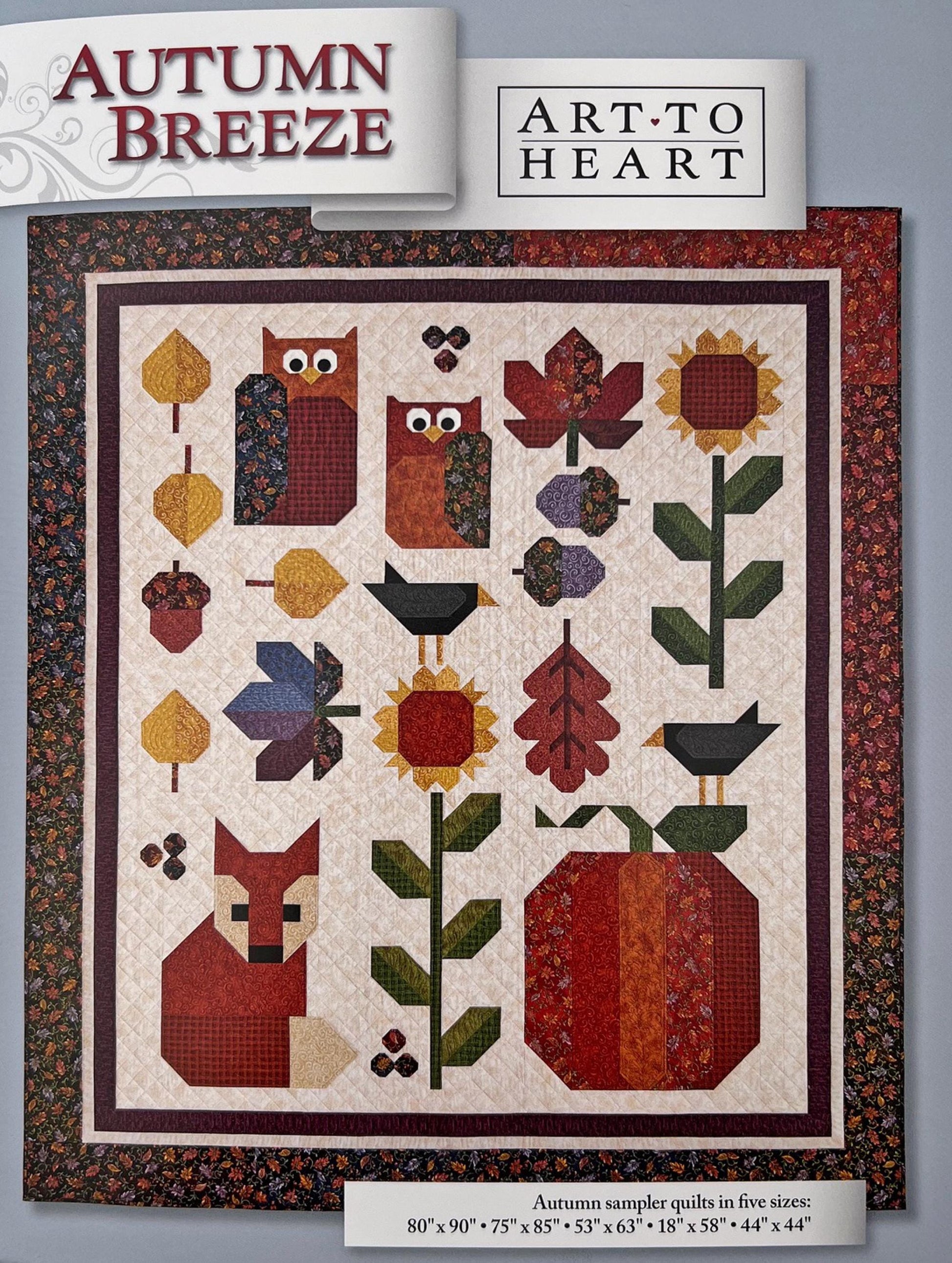 Autumn Breeze Quilt Pattern Projects Book, Art to Heart ATH556B, Fall Autumn Sunflowers Owls Acorns Leaves Quilt Projects, Nancy Halvorsen