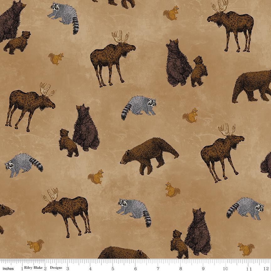 Pine Grove 5" Stacker, Riley Blake Designs 5-15930-42, 5" Precut Camping Wildlife Themed Fabric Squares, Bear Moose Camp Fabric