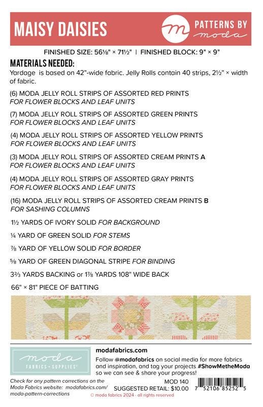 Maisy Daisies Quilt Pattern, Moda MOD140, 2.5" Precut Jelly Roll Strips Friendly Daisy Flower Lap Throw Quilt Pattern