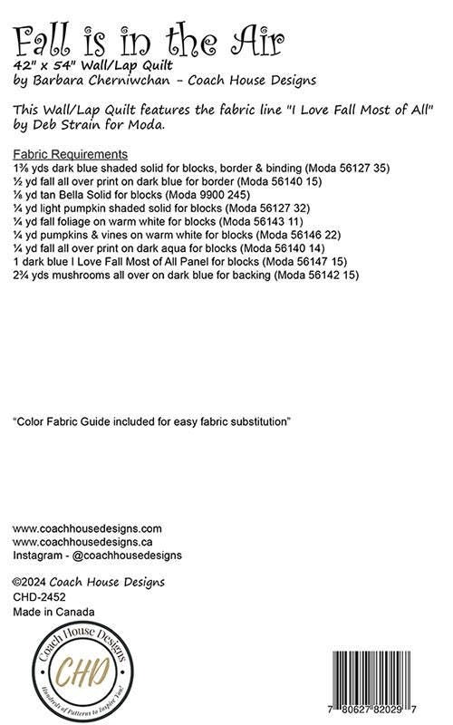 Fall is in the Air Quilt Pattern, Coach House Designs CHD2452, Fabric Panel Friendly Autumn Fall Pumpkins Lap Wall Quilt Pattern