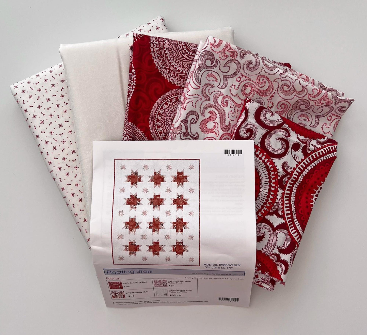 DESTASH Floating Stars Throw Quilt Kit, Connecting Threads Rhapsody in Reds, Red White Floral Lap Throw Quilt Kit