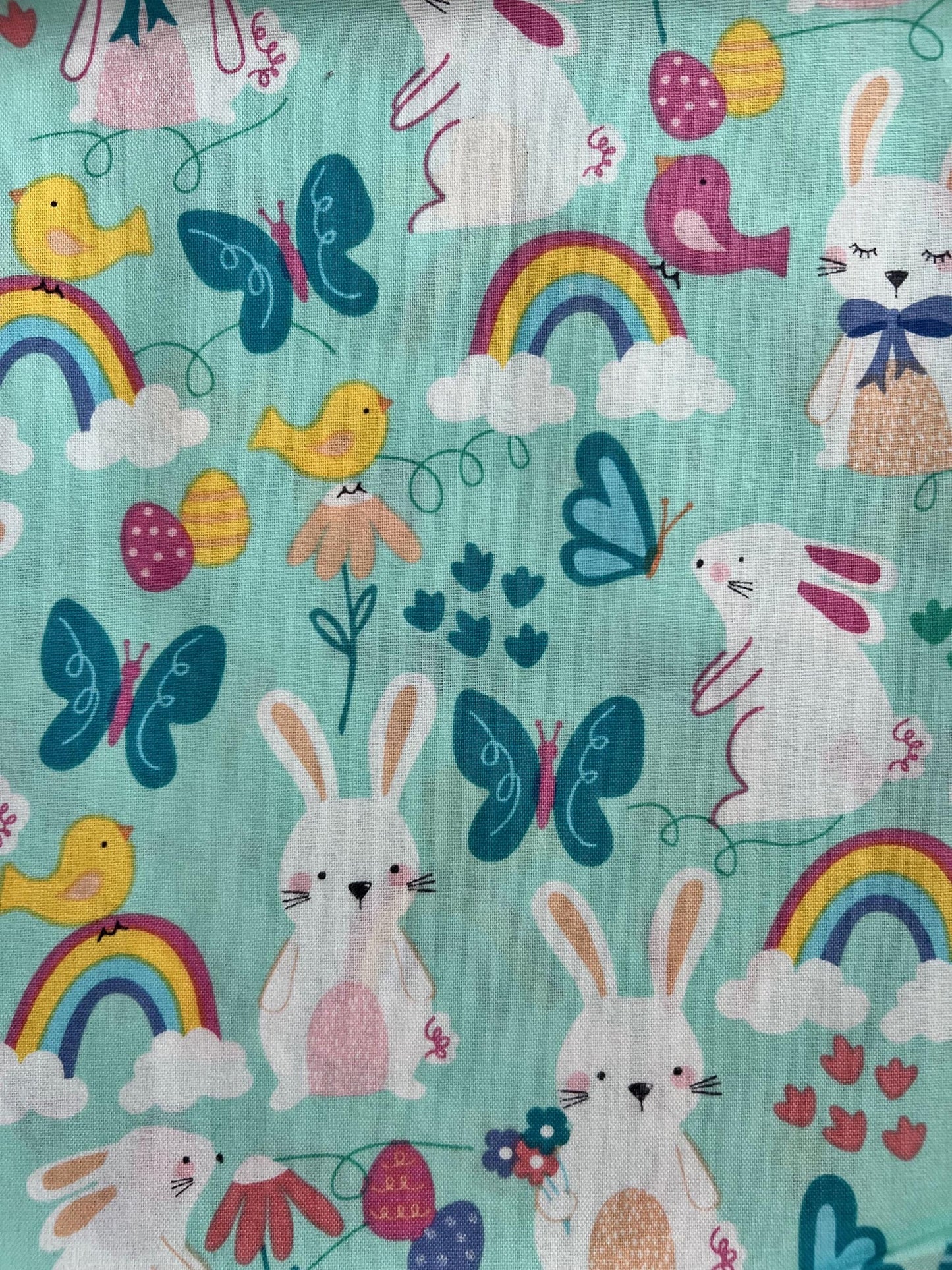 DESTASH Sweet Bunnies - 1 Yard Cut of Easter Bunnies Chicks Rainbows on Blue Fabric, Hobby Lobby SR-M-007, Cute Bunny Easter Fabric