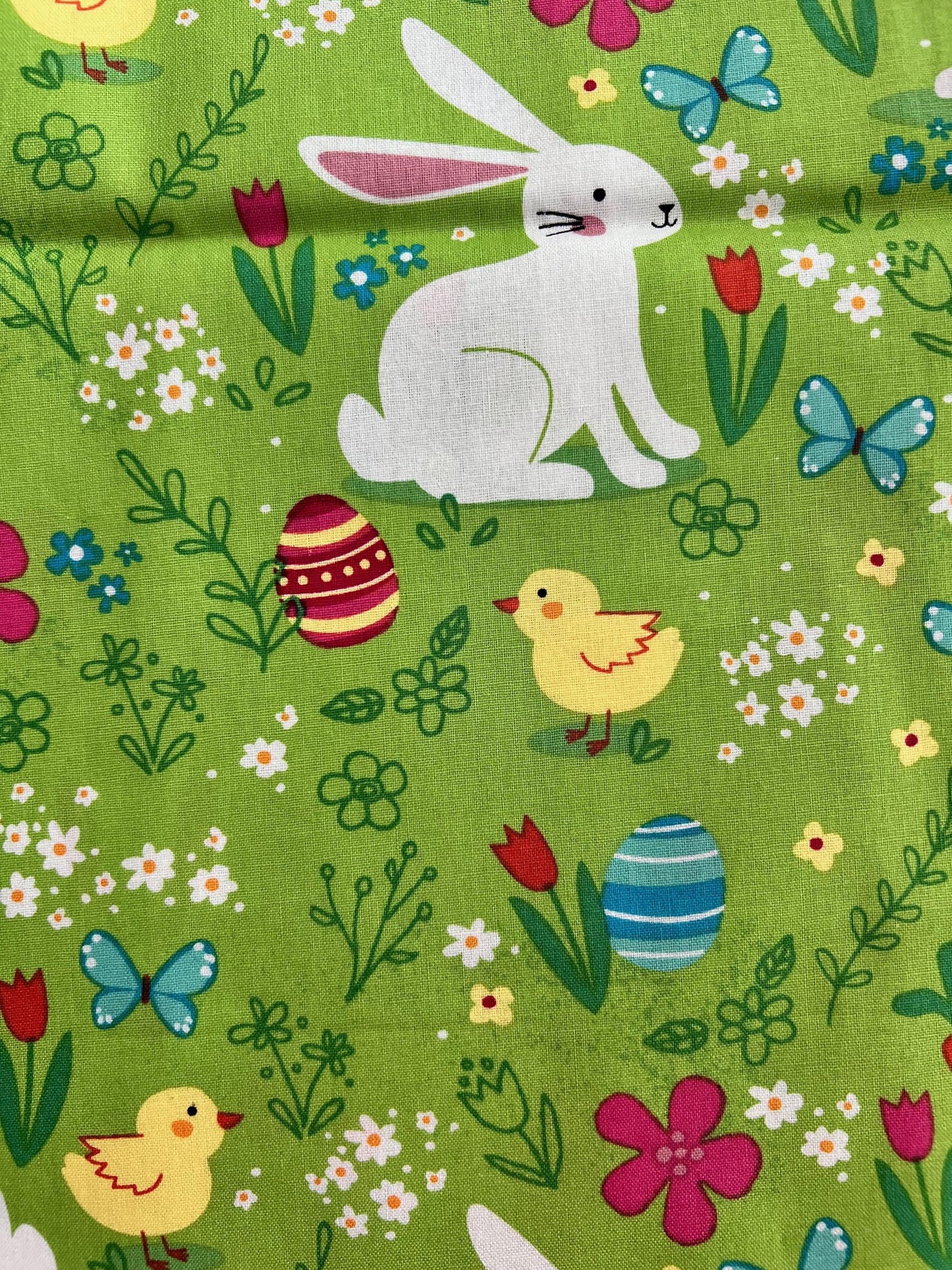 DESTASH Bunny Foo Foo - 1 Yard Cut of Easter Bunnies Chicks Butterflies on Green Fabric, Hobby Lobby H17005, Cute Easter Bunny Fabric