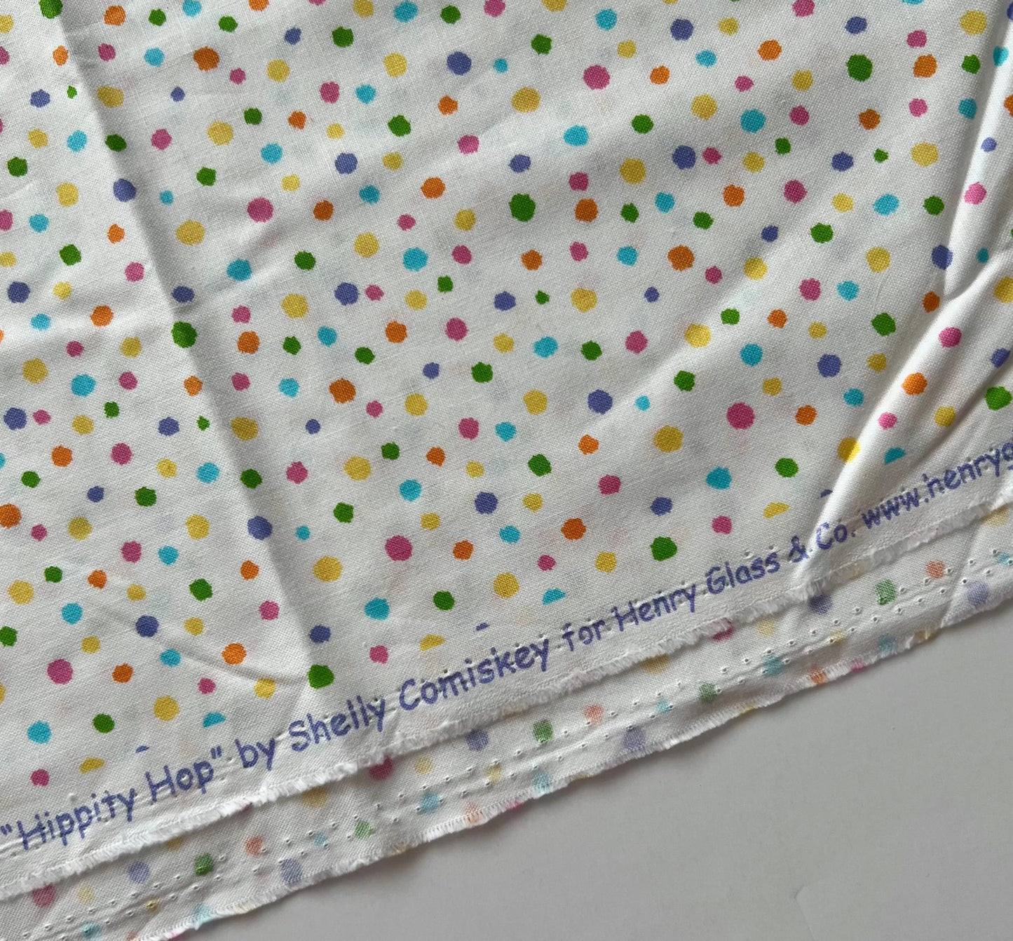 DESTASH Hippity Hop - 1 Yard Cut of Multicolored Dots on White Fabric, Henry Glass & Co, Cute Easter Fabric, Shelly Comiskey