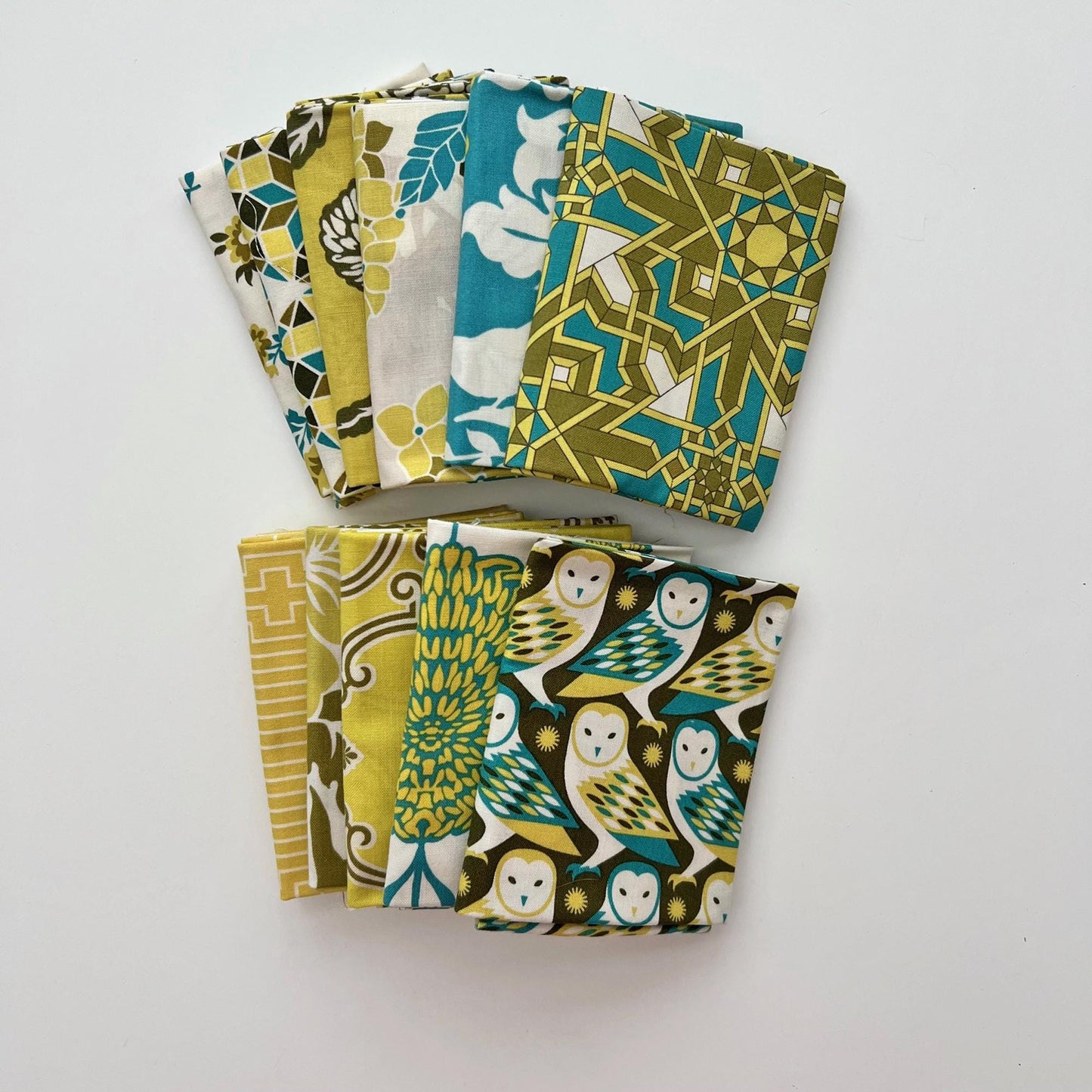 DESTASH Triple Barnstar Complete Quilt Kit, Free Spirit Birch Farm OOP, Teal Green Brown White Owls Floral Throw Quilt Kit, Joel Dewberry