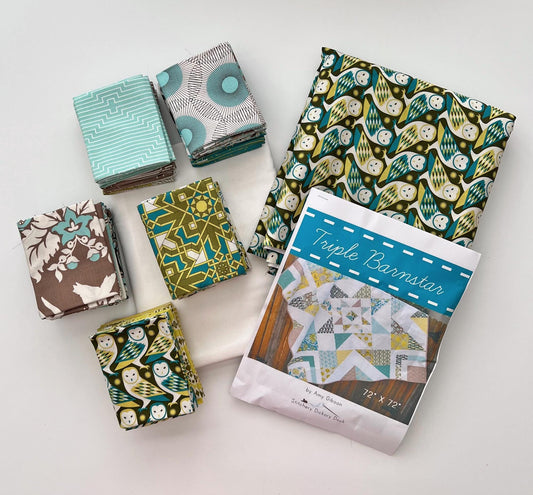 DESTASH Triple Barnstar Complete Quilt Kit, Free Spirit Birch Farm OOP, Teal Green Brown White Owls Floral Throw Quilt Kit, Joel Dewberry