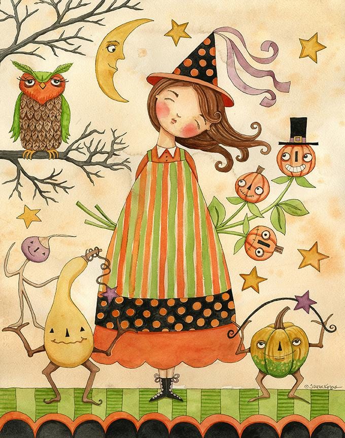 Ghoul Friends - 36" Halloween Witch Quilt Panel Fabric, Riley Blake C16058-Panel, Cute Whimsical Witch Owl on Beige Fabric, Teresa Kogut