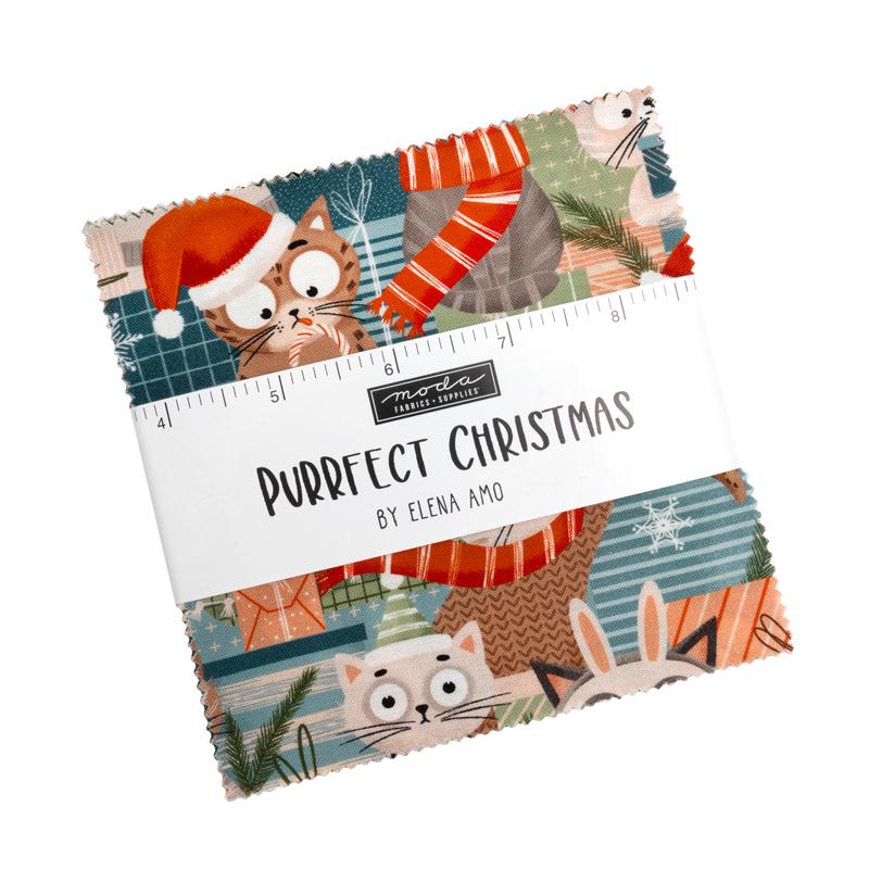 Purrfect Christmas Charm Pack, Moda 39040PP, 5" Precut Christmas Xmas Cats Charm Pack Fabric Squares, Elena Amo