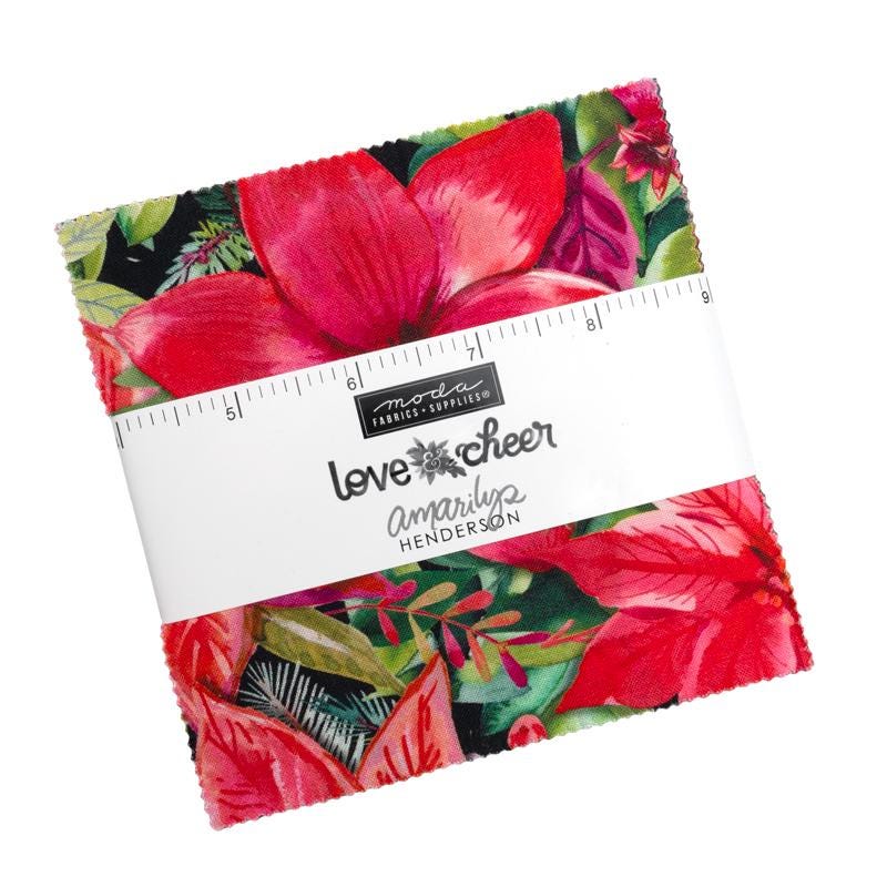 Love and Cheer 5" Charm Pack, Moda 21830PP, 5" Precut Modern Christmas Xmas Cardinals Charm Pack Fabric Squares, Amarilys Henderson