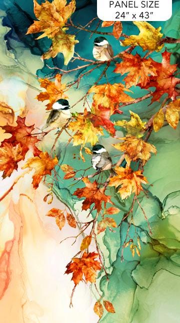 Autumn Breeze - Birds Fall Leaves Branch 24" Fabric Panel, Northcott DP28055-66, Autumn Fall Cotton Quilt Craft Panel