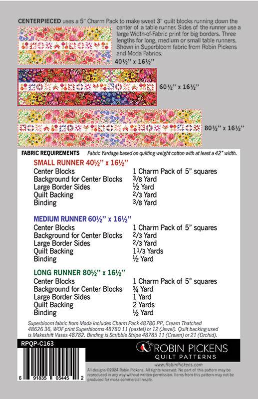 Centerpieced Table Quilt Pattern, Robin Pickens RPQP-C163, 5" Charm Pack Friendly Modern Table Runner Topper Quilt Pattern, Superbloom