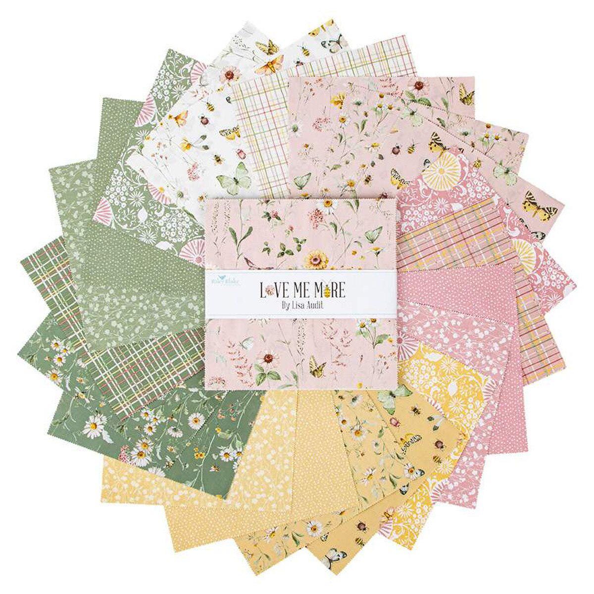 Love Me More 10" Stacker, Riley Blake 10-15630-42, 10" Precut Botanical Spring Pink Yellow Green Floral Fabric Squares, Lisa Audit
