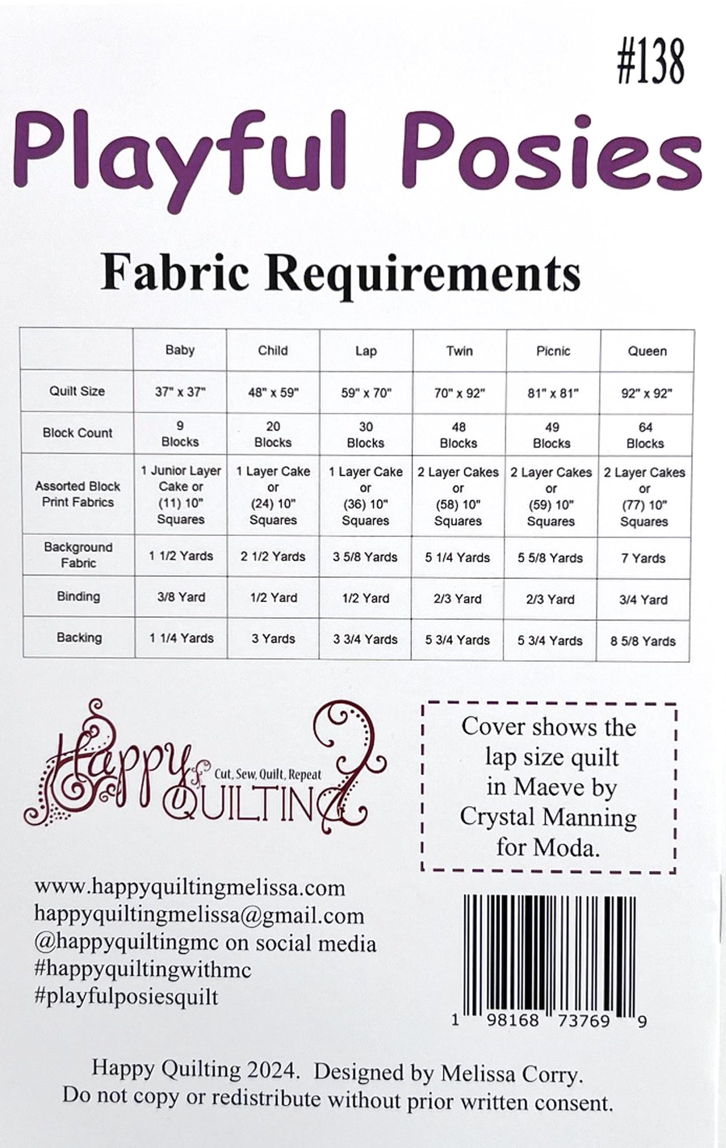 Playful Posies Quilt Pattern, Happy Quilting HQ138, Layer Cake Friendly Flower Quilt Pattern in 6 Sizes, Baby Throw Bed Quilt Pattern