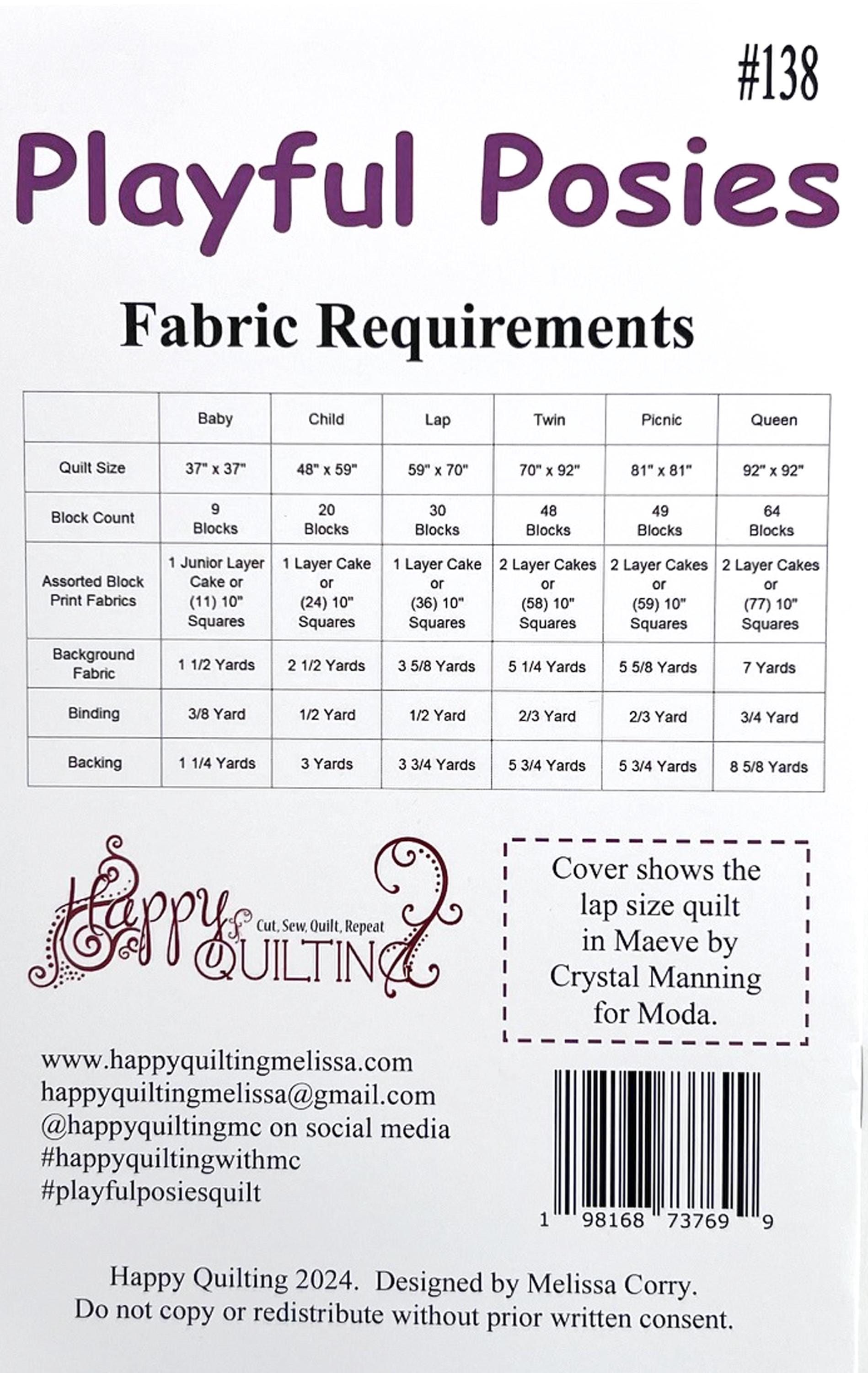 Playful Posies Quilt Pattern, Happy Quilting HQ138, Layer Cake Friendly Flower Quilt Pattern in 6 Sizes, Baby Throw Bed Quilt Pattern