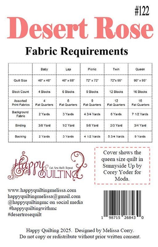 Desert Rose Quilt Pattern, Happy Quilting HQ122, Fat Quarter FQ Friendly Baby Lap Picnic Twin Queen Square Bed Quilt Pattern