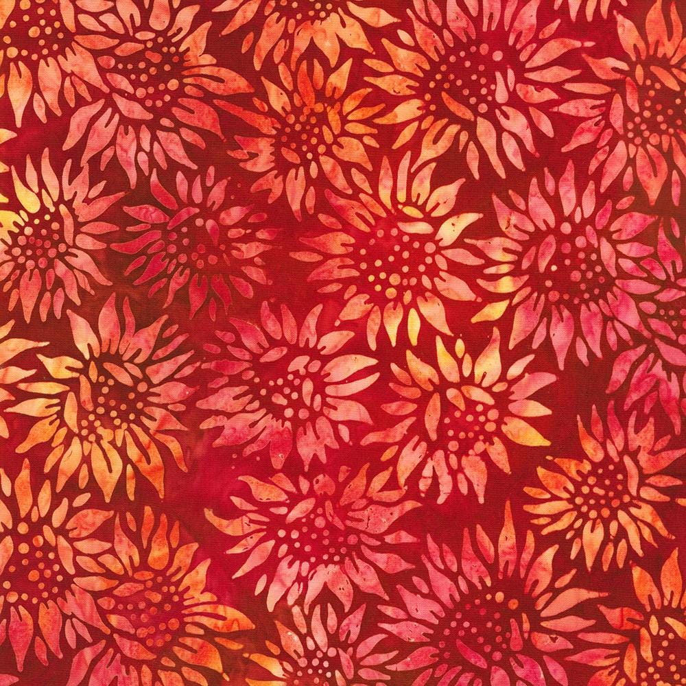 Artisan Batiks Fall Splendor - Red Yellow Sunflower Batik Fabric, Robert Kaufman AMD-22954-3 Red, Autumn Fall Batik Fabric, By the Yard