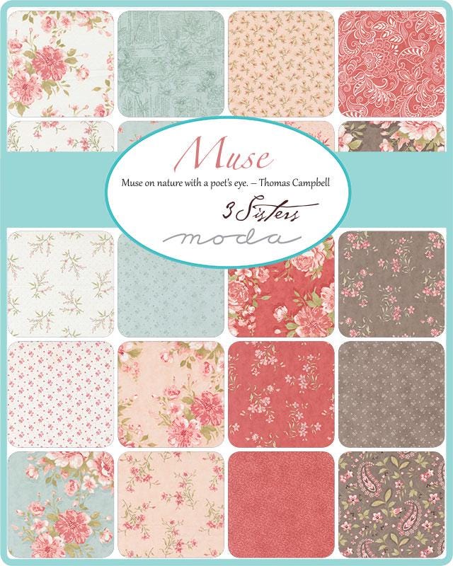 Muse 2.5" Jelly Roll, Moda 44390JR, 2.5" Precut Blue Pink Gray Red Cream Floral Fabric Strips, Jelly Roll Fabric, 3 Sisters