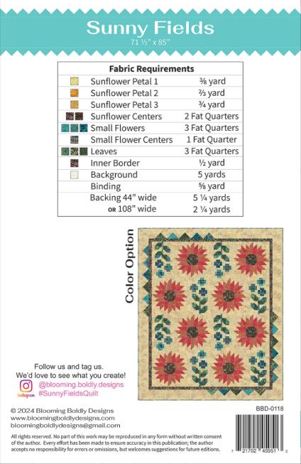 Sunny Fields Quilt Pattern, Blooming Boldly BBD0118, Yardage Friendly Sunflower Throw Quilt Pattern, Leslie Ryan