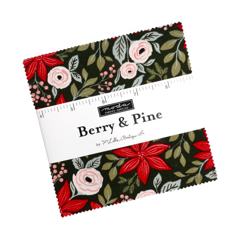 Berry and Pine Charm Pack, Moda 5240PP, 5" Precut Red Green Gray Floral Christmas Fabric Squares, Lella Boutique