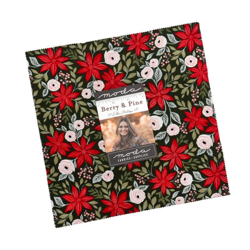 Berry and Pine 10" Layer Cake, Moda 5240LC, 10" Precut Red Green Gray Floral Christmas Fabric Squares, Lella Boutique