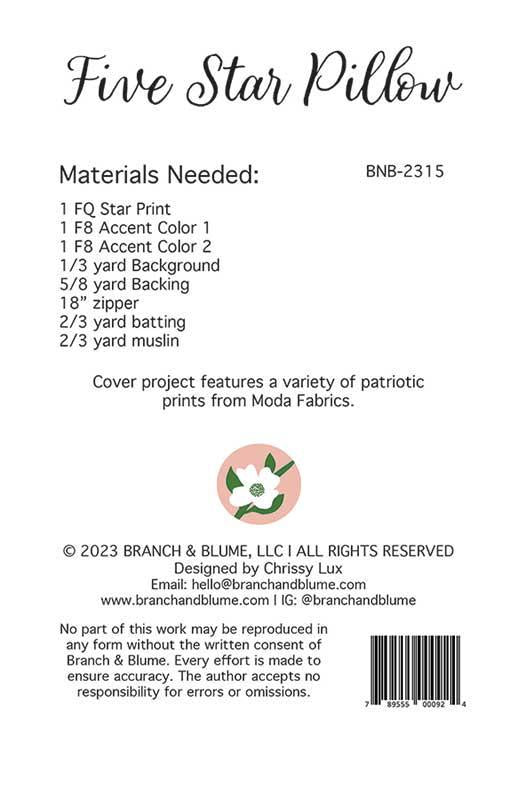 Five Star Pillow Quilt Pattern, Branch and Blume BNB2315, Patriotic Stars Chain Square Pillow Cover Pattern, Chrissy Lux