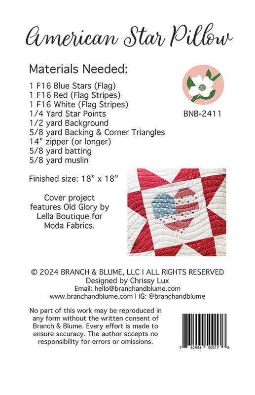American Star Pillow Quilt Pattern, Branch and Blume BNB2411, Patriotic Flag Heart in a Star Square Pillow Cover Pattern, Chrissy Lux