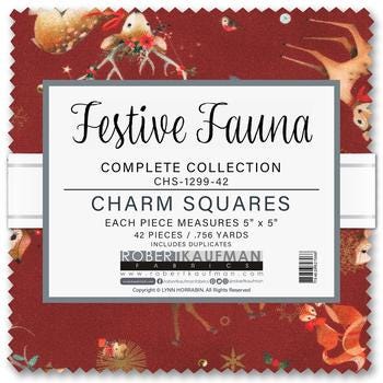 Festive Fauna 5" Charm Squares, Robert Kaufman CHS-1299-42, 5" Precut Christmas Animals Floral Fabric Squares