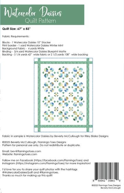 Watercolor Daisies Quilt Pattern, Flamingo Toes FT8610, 10" Square Layer Cake Friendly Flower Throw Quilt Pattern, Beverly McCullough