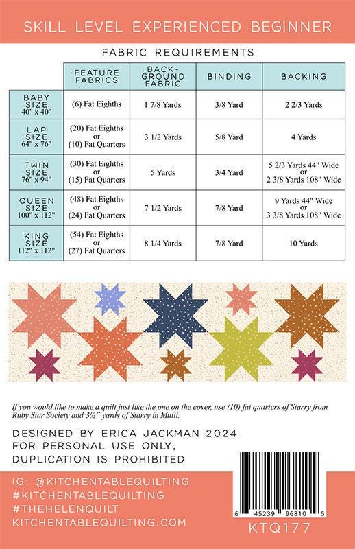 The Helen Quilt Pattern, Kitchen Table Quilting KTQ177, FQ F8 Fat Quarter Eighths Friendly Star Quilt Pattern, Erica Jackman