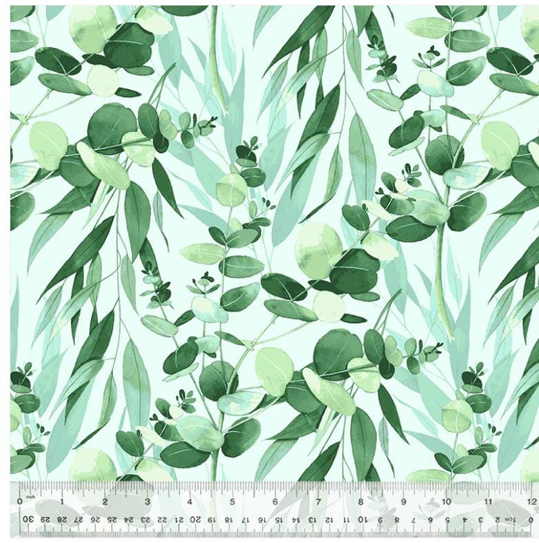 108" Eucalyptus Quilt Back Fabric, Windham Fabric 54284W-1 Pond, Green Leaves Branches Blue Wide Quilt Backing, Whistler Studios By the Yard