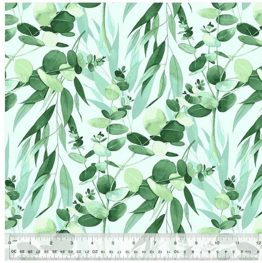 108" Eucalyptus Quilt Back Fabric, Windham Fabric 54284W-1 Pond, Green Leaves Branches Blue Wide Quilt Backing, Whistler Studios By the Yard