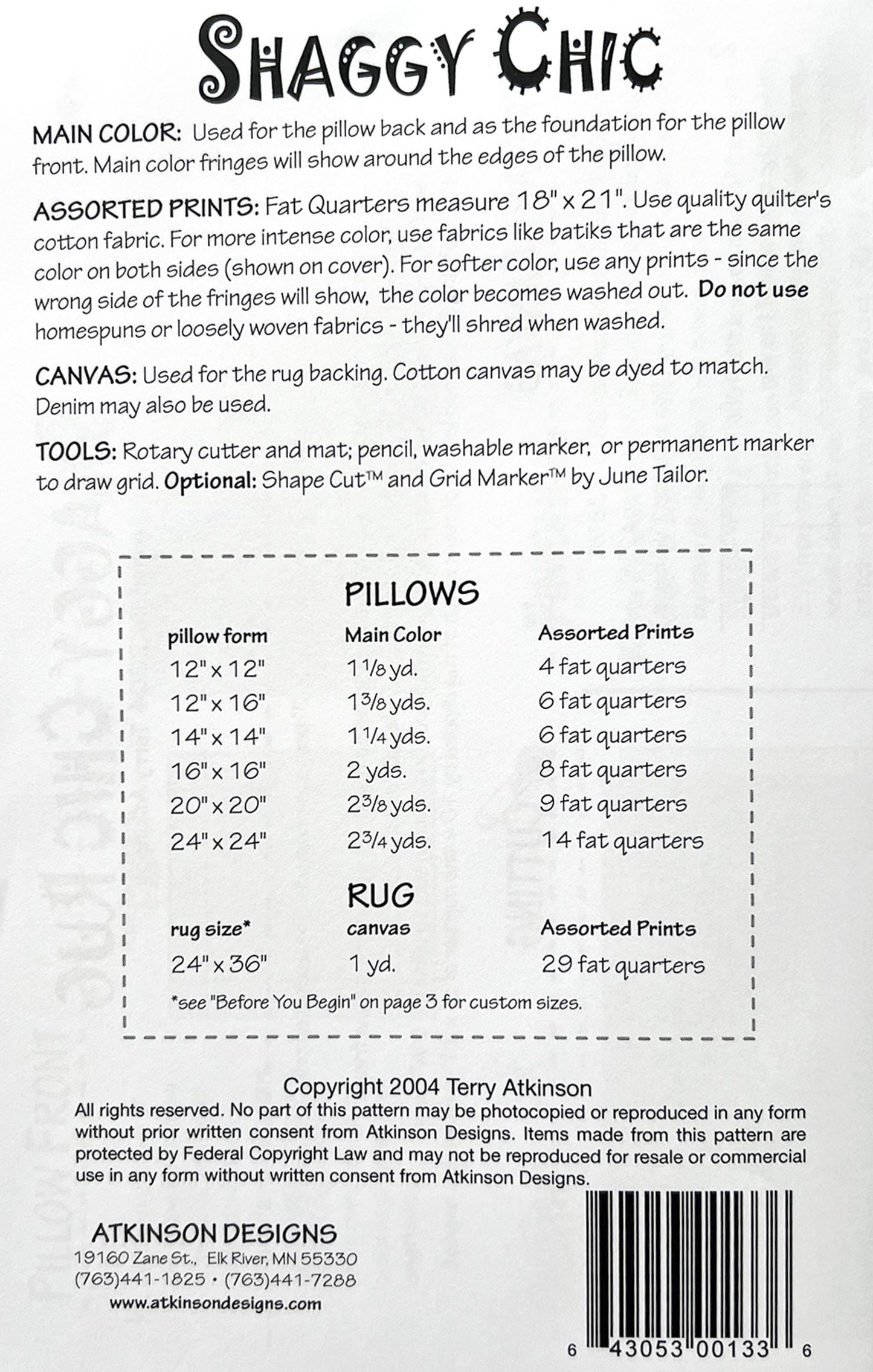 Shaggy Chic Pillow Cover and Rug Pattern, Atkinson Designs ATK133, FQ Fat Quarter Friendly DIY Home Decor Shag Pillow Rug Pattern