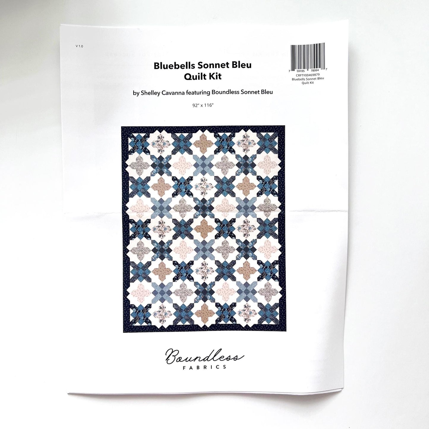DESTASH Bluebells Sonnet Bleu Quilt Kit, Craftsy Boundless Fabrics, Blue Beige Floral Quilt Kit