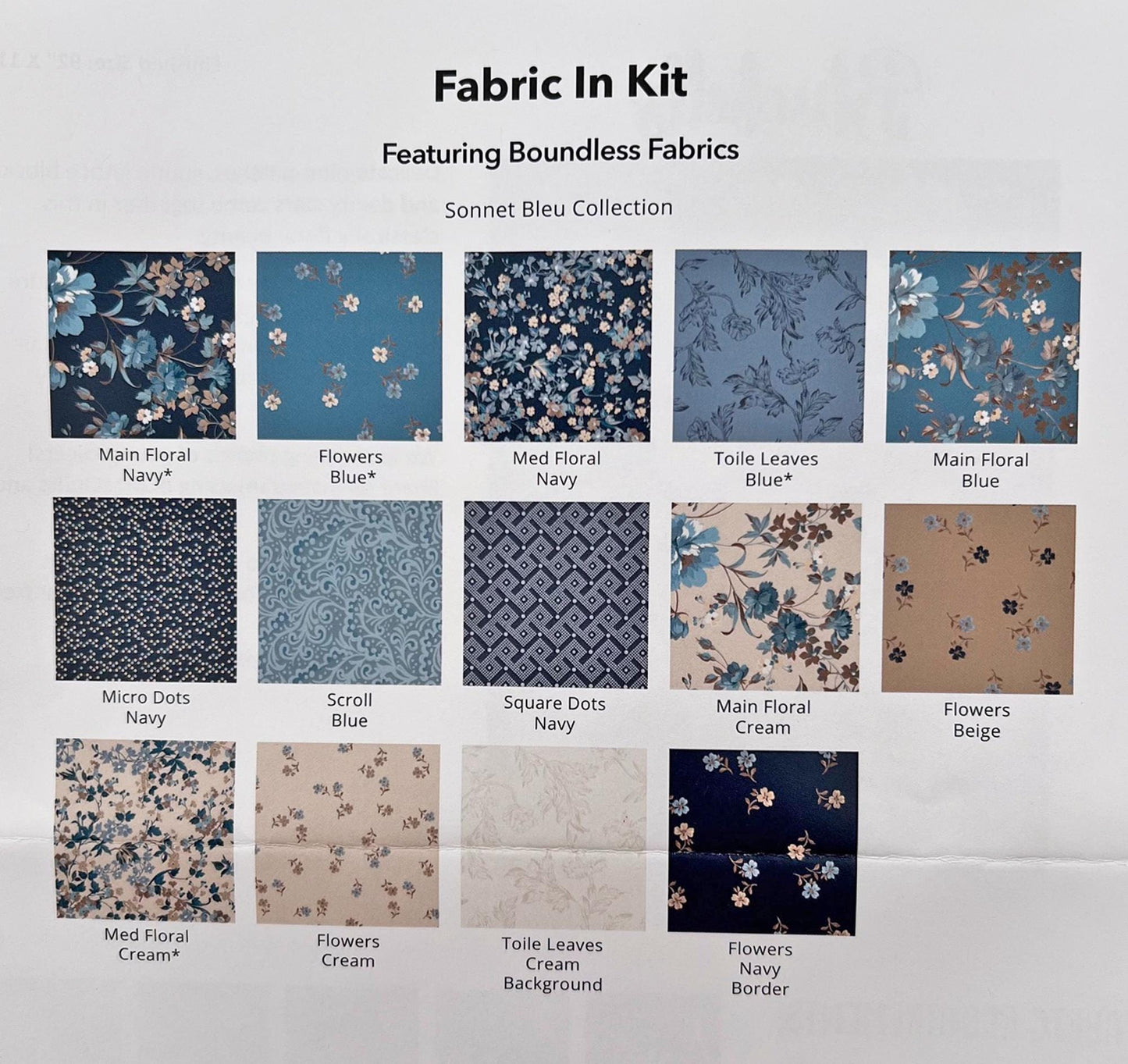 DESTASH Bluebells Sonnet Bleu Quilt Kit, Craftsy Boundless Fabrics, Blue Beige Floral Quilt Kit