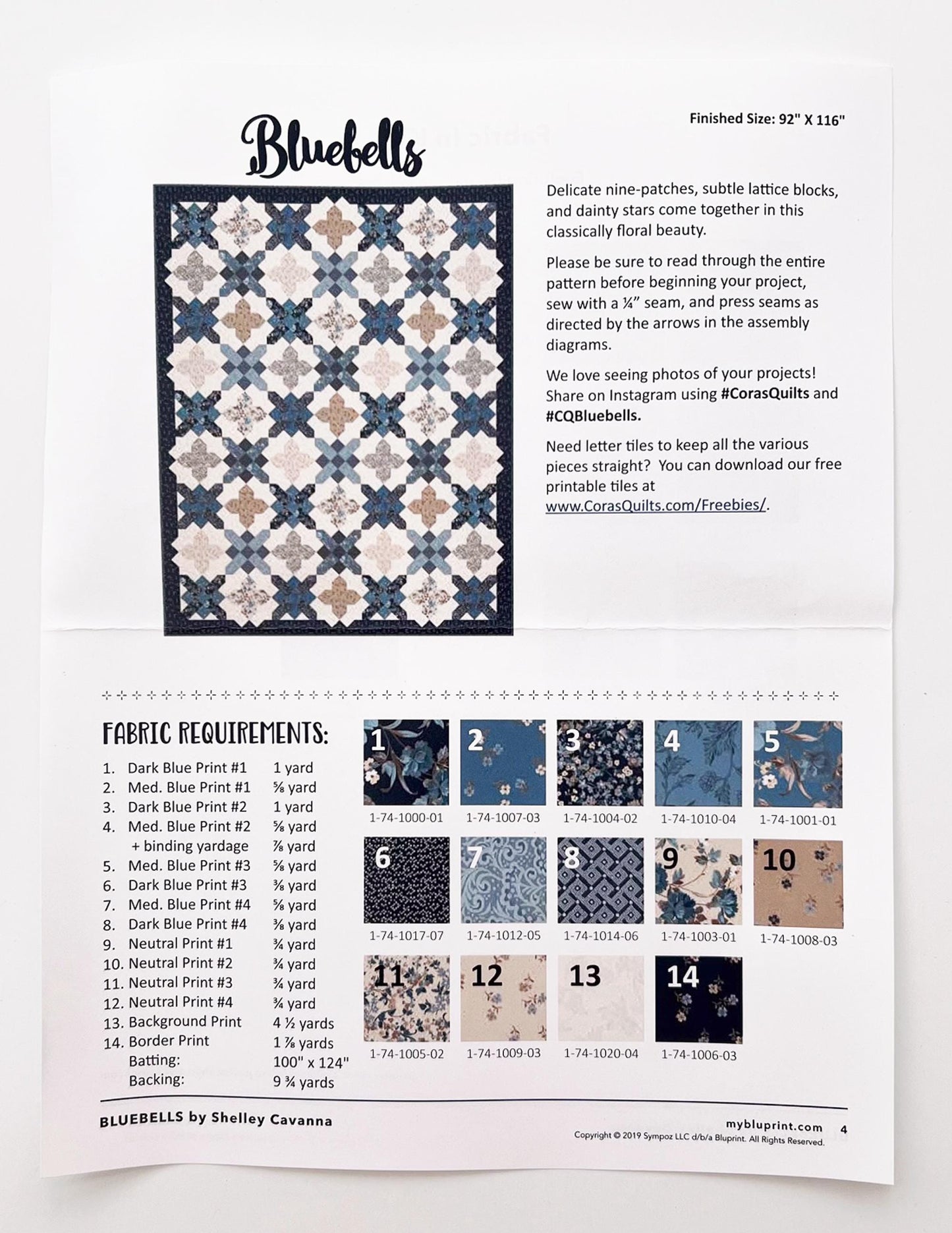 DESTASH Bluebells Sonnet Bleu Quilt Kit, Craftsy Boundless Fabrics, Blue Beige Floral Quilt Kit