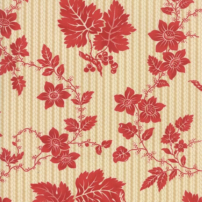 DESTASH Crazy for Red - 1 Yard Cut of Red Floral on Tan Striped Fabric, Moda 14791 12, Red Beige Floral Fabric Yardage, Minick & Simpson