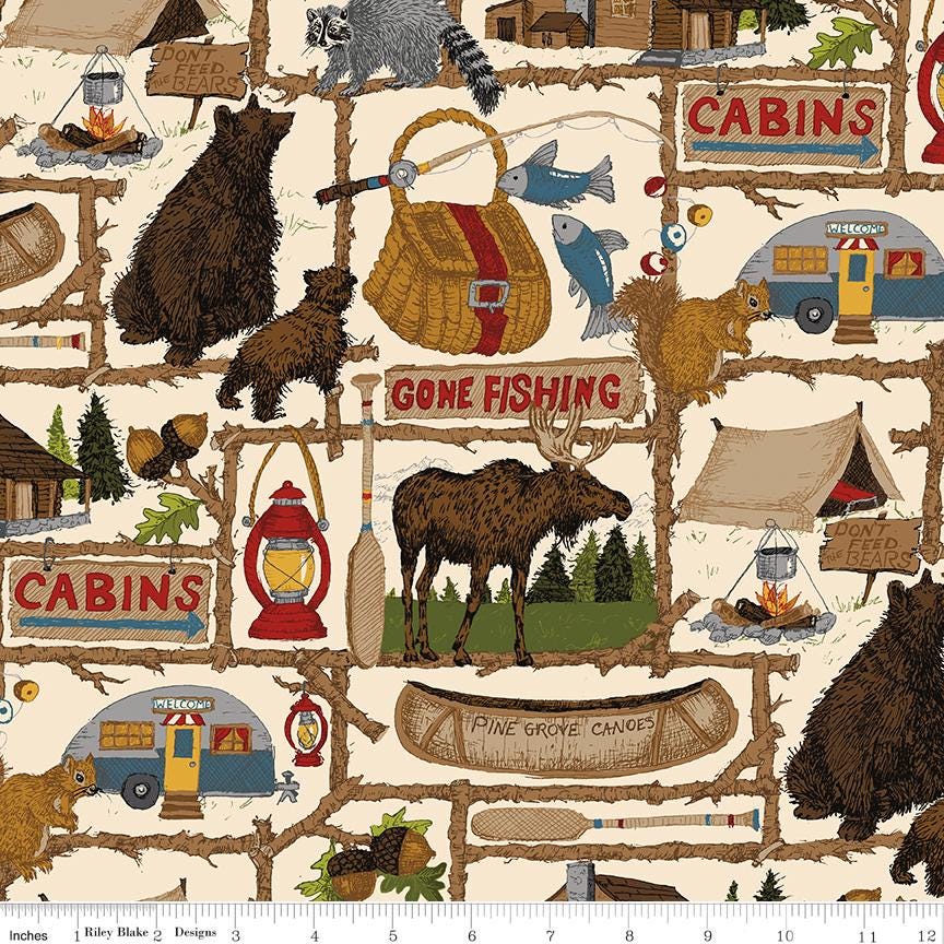 Pine Grove 5" Stacker, Riley Blake Designs 5-15930-42, 5" Precut Camping Wildlife Themed Fabric Squares, Bear Moose Camp Fabric
